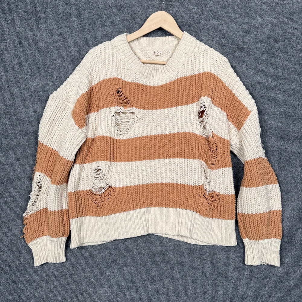 Pol Womens Size Medium Sweater‎ Tan Brown Distressed Grunge Chunky Knit Pullover